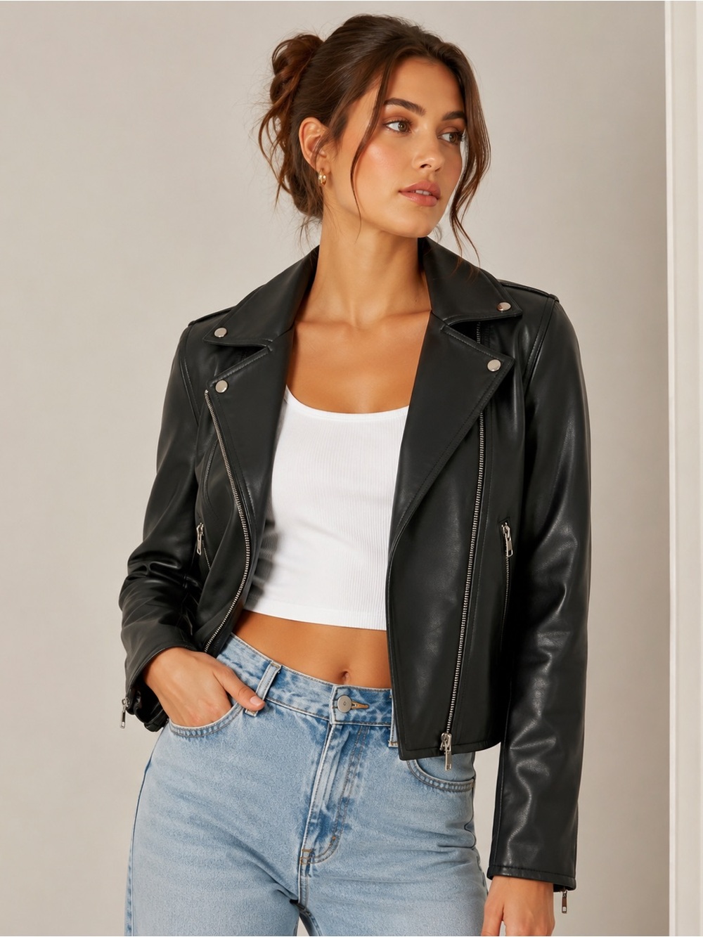 Black Faux Leather Moto Jacket - Women - Picture 1 of 11